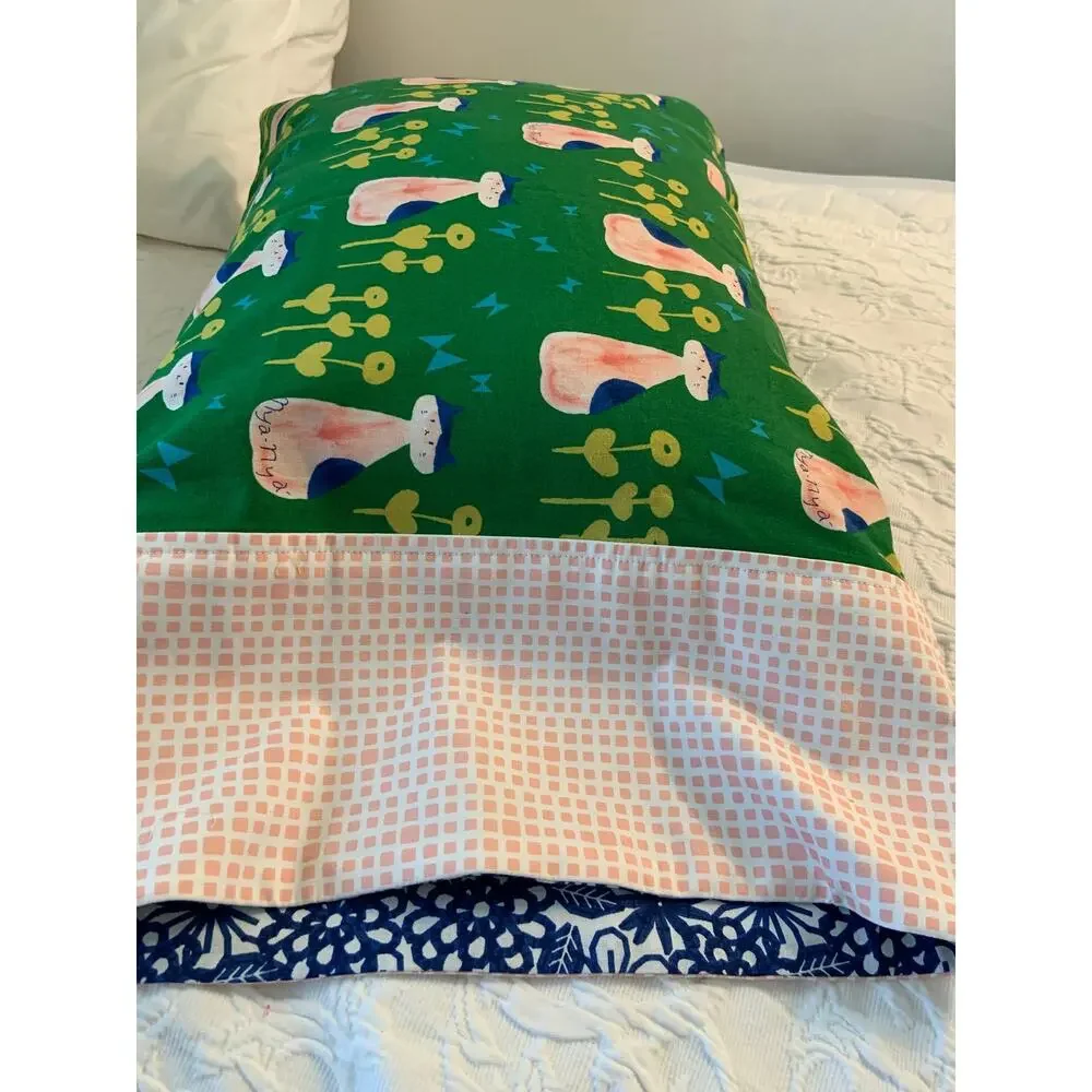 Handmade Kitties on the Lawn Pillowcase, Pink and Green, Toddler/Travel Size